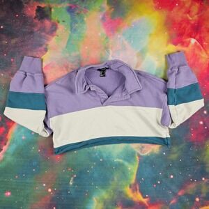 Forever 21 Color Block Cropped Pullover‎ Top Purple White Teal Long Sleeve